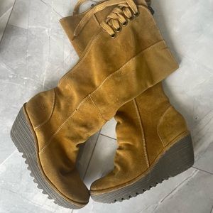 Beautiful lined suede FLY wedge boots zipper with lace tie on upper back